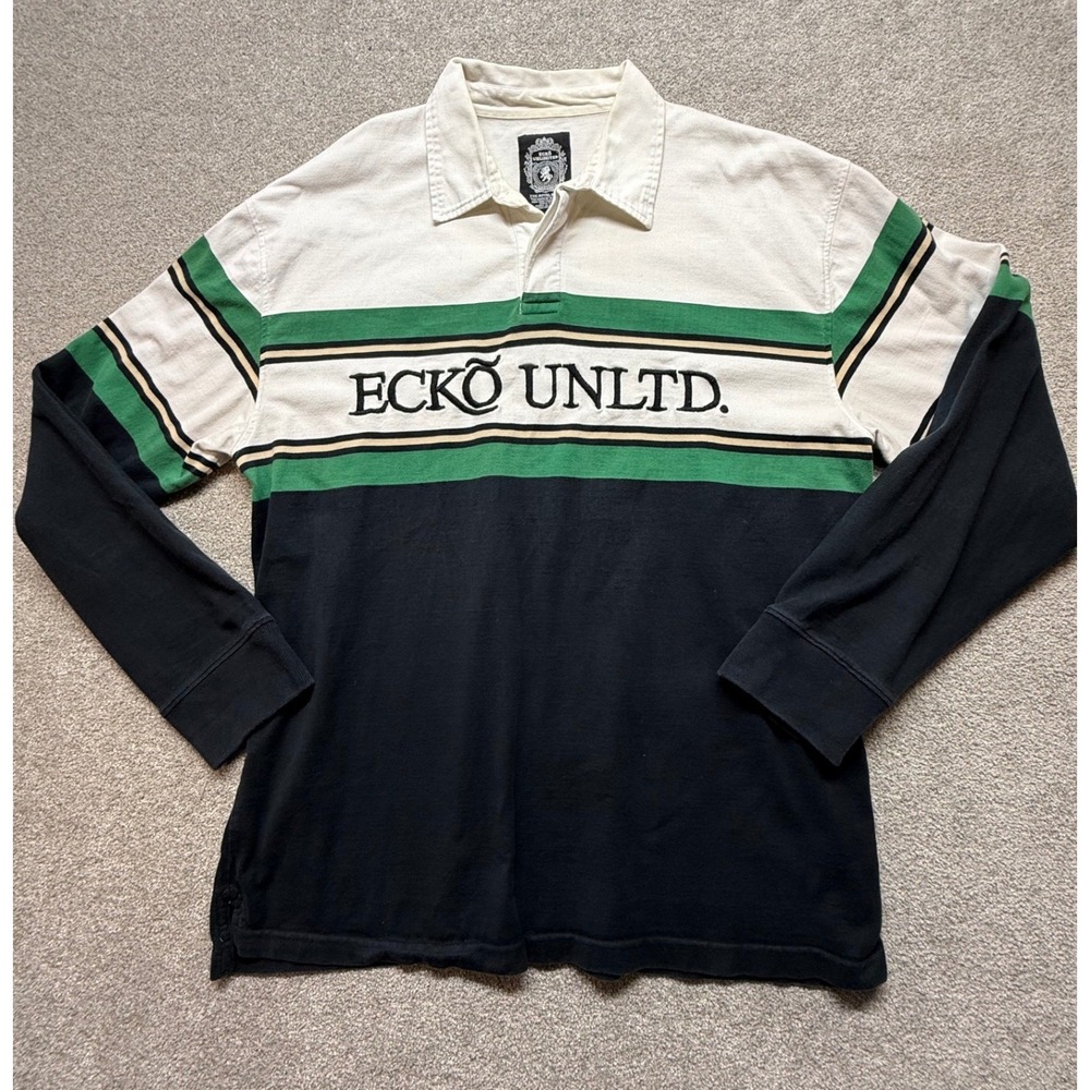 Y2K Ecko Unltd Mens 3XL Rugby Shirt Long Sleeve Embroidered Logo‎ White Black